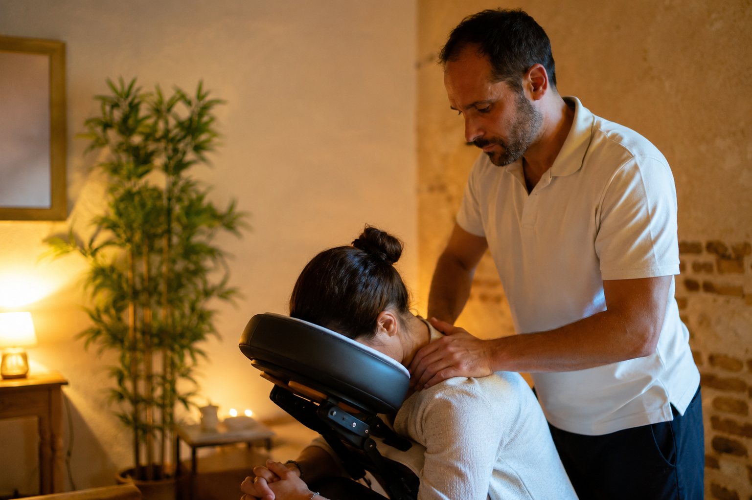 Massage sur chaise dans cabinet cosy et tranquille