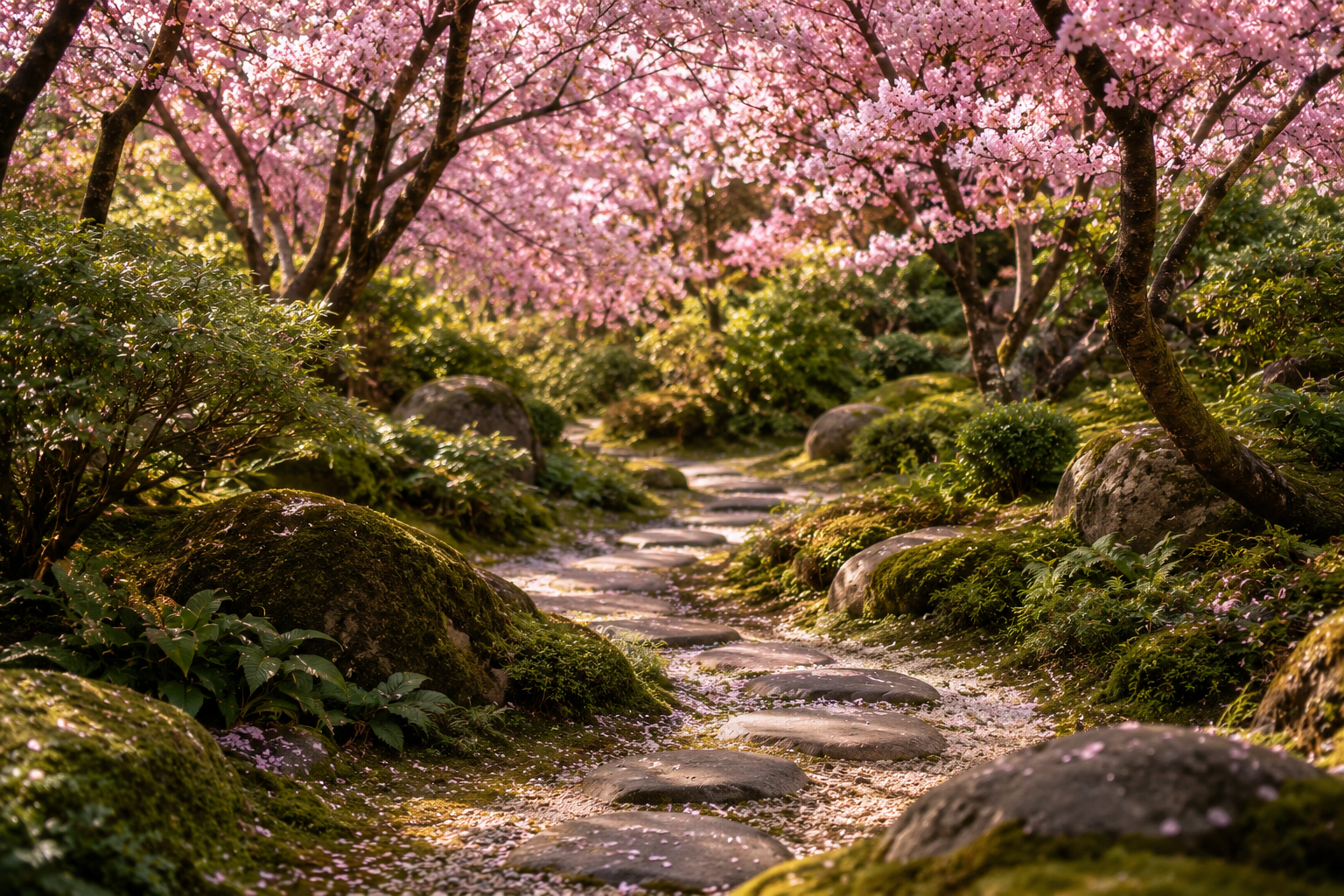 Allée sinueuse bordée de cerisiers en fleurs dans un jardin inspiré du Japon, baignée d'une lumière douce et propice à la détente.